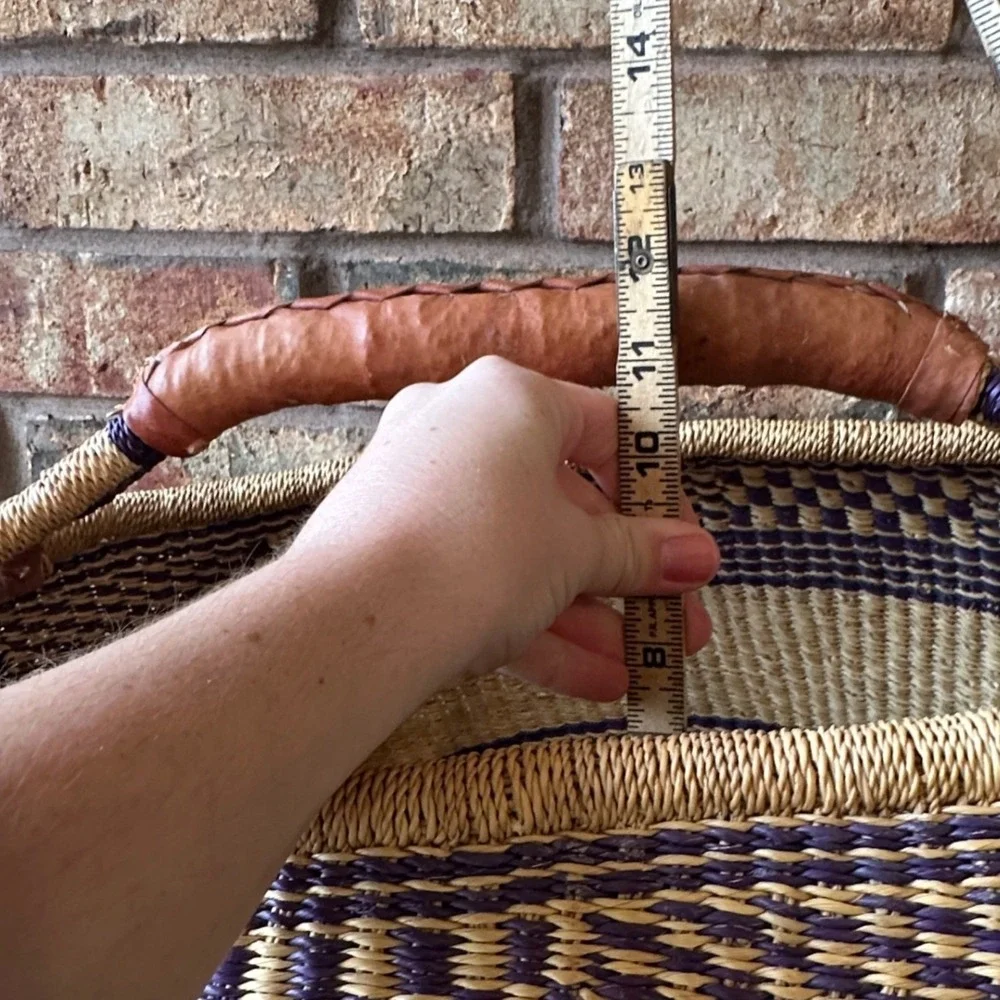 Handmade Woven Bolga Market Basket Purple Natural Straw Leather Handle